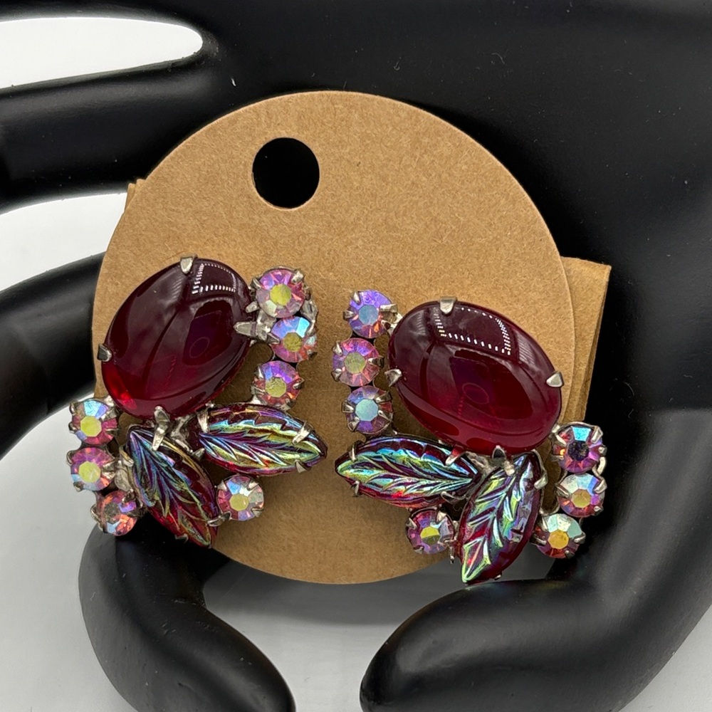 Vintage Fruit Salad Red and Pink Ted Glass and AB Crystal Earrings